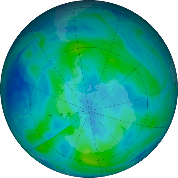 Antarctic ozone map for 20 March 2020
